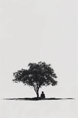 Wall Mural - A black and white sketch of a person sitting under a tree