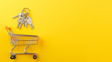 Wall Mural - Shopping trolley on yellow background with house keys above it, copy space. Property investment, sale and purchase of real estate concept