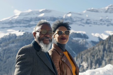 Canvas Print - Portrait of a content multiethnic couple in their 50s sporting a stylish leather blazer in pristine snowy mountain