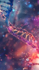 Poster - Close-up of a DNA strand with bright particles and a colorful bokeh background. Ideal for genetics.