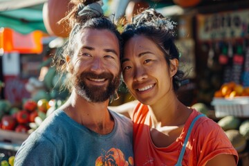 Wall Mural - Portrait of a blissful multiethnic couple in their 30s sporting a technical climbing shirt in vibrant farmers market