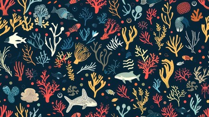 Sticker - Sea Life Seamless Pattern with Coral and Fish