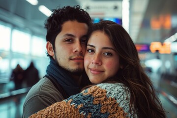 Wall Mural - Portrait of a tender latino couple in their 20s wearing a cozy sweater while standing against bustling airport terminal background