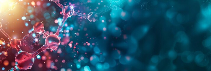 Poster - Vibrant red and blue molecular structure background representing scientific research and medical innovation. Perfect for healthcare and pharmaceutical visuals