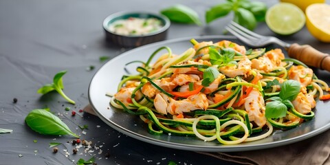 Wall Mural - Macro shot of chicken zoodle spaghetti on a plate. Concept Food Photography, Macro Shots, Chicken Zoodle Spaghetti, Plate Presentation, Culinary Art