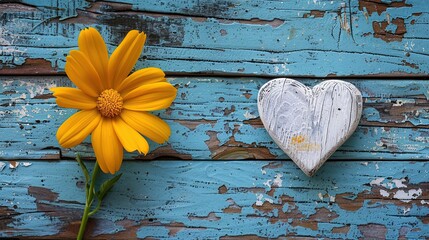 Wall Mural - Yellow Flower and White Heart on Blue Wooden Background