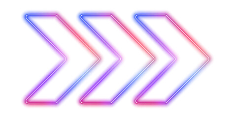 Poster - Glowing neon sign of movement, speed, outline arrow pointer silhouette on white background PNG. Retro sign with bright neon arrows in pink, blue, purple and blue. 