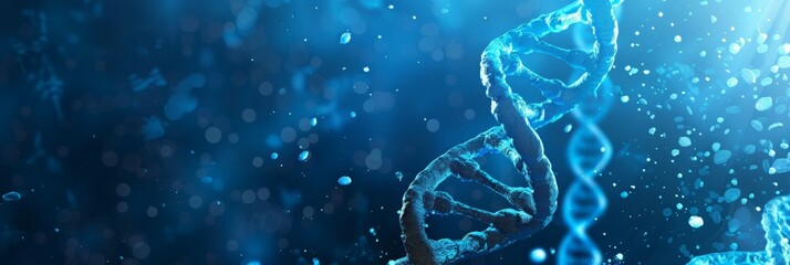 Poster - Digital blue DNA helix structure with glowing particles. Ideal for genetic research and medical innovation themes.