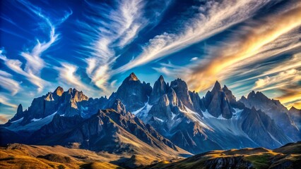 Dramatic silhouette of a rugged mountain range set against a vibrant blue sky with a few wispy clouds, evoking a sense of serenity and adventure.