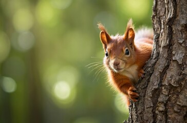 Canvas Print - Red squirrel peeking from tree trunk with blurry green background