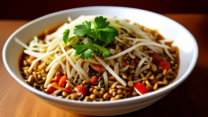 Wall Mural -  Delicious noodle dish with a garnish of fresh herbs and vegetables