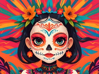 Wall Mural - Mexican holiday called Day of the Dead, portrait of Mexican girl with Day of the Dead carnival mask. Generative AI