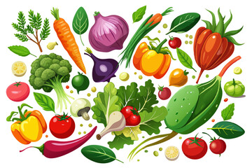 Many different fresh vegetables falling on white background