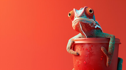 Wall Mural - Chameleon and drink on the red  background