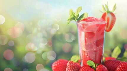 Canvas Print - A refreshing glass of strawberry smoothie garnished with mint leaves, surrounded by ripe strawberries with a dreamy, sunlit backdrop.