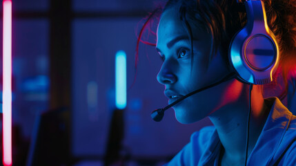 A young woman with a headset is immersed in a virtual experience or work environment, surrounded by a vibrant blue and pink neon glow.