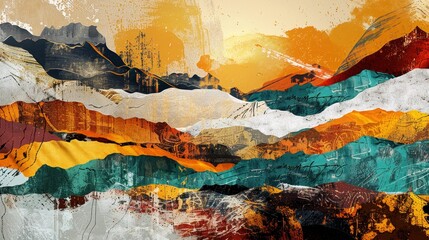 Wall Mural - Abstract Mountain Landscape Collage - Abstract art collage featuring layered mountain peaks in a variety of vibrant colors and textures. - Abstract art collage featuring layered mountain peaks in a va