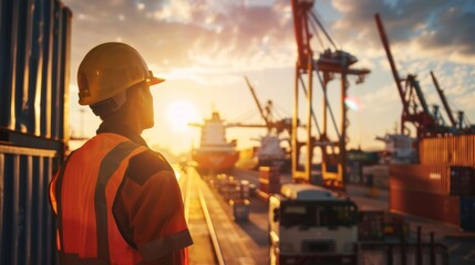 a port worker in reflective gear inspecting cargo