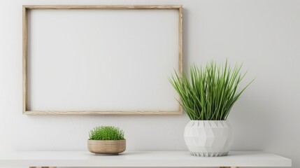 Wall Mural - White wall desk with green grass in geometric pot and frame mockup