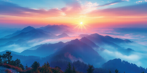 Wall Mural - Morning mountain view with clouds and mountain range scenery, beautiful morning mist, travel and tourism