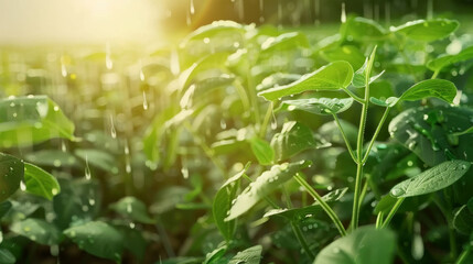 Canvas Print - Fresh green plants bathe in gentle sunlight as raindrops fall on their leaves, capturing a rejuvenating and vibrant scene of nature during a mild rain shower.