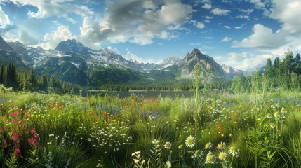 Canvas Print - Mountain Meadow with a Lake and Flowers - A picturesque mountain meadow with vibrant wildflowers, a calm lake and a stunning backdrop of snow-capped mountains against a blue sky. - A picturesque mount