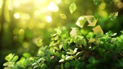 Sticker - Recycle Symbol in a Lush Green Forest - A close-up of a recycling symbol made of leaves,  surrounded by lush green foliage in a forest setting. - A close-up of a recycling symbol made of leaves,  surr