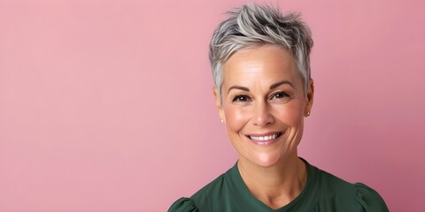 Wall Mural - Smiling mature woman in her fifties on pink background with copy space. Concept Portrait Photography, Pink Background, Mature Woman, Smiling, Copy Space