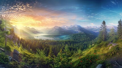 Poster - Sunrise over Mountain Lake - A panoramic view of a lake nestled in a valley surrounded by majestic mountains. The sun rises over the scene, casting a golden glow on the water and the surrounding lands