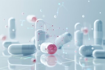 pills in a glass bottle jar with microbes around 3d render illustration, pastel gray color palette, antivirus or antibiotics concept. copy space top. Big pharma industry.