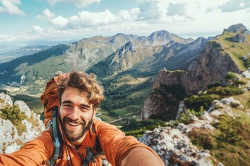 happy hiker having fun hiking mountains - active young man taking selfie pic with smart mobile phone