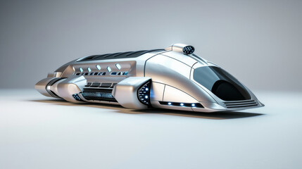 High-tech, silver futuristic train with a streamlined design, set against a minimalistic, bright background.