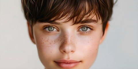 Wall Mural - Studio portrait of a cleanfaced teenage model with short brown hair. Concept Studio Portrait, Teenage Model, Clean-faced, Short Brown Hair