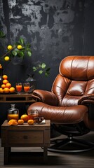 Sticker - a brown leather chair with oranges and a bottle of orange juice.