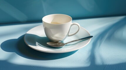 Wall Mural - White cup with spoon on blue plate