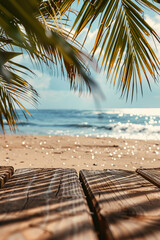 Poster - A beach scene viewed through palm leaves with a wooden deck in the foreground, evoking a sense of relaxation and vacation.