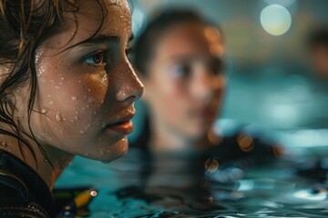 Close-Up of Young Woman with Wet Hair in Swimming Pool at Night with Bokeh Background