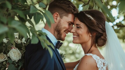 Wall Mural - Bride and groom smiling under tree. Beautiful young wedding couple outside in nature