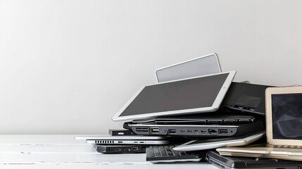 Pile of old used laptop computers and digital tablet for recycling on white table. Planned obsolescence, e-waste, electronic waste for reuse and recycle concept