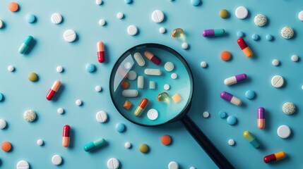 Assorted medication under magnifying glass on blue background