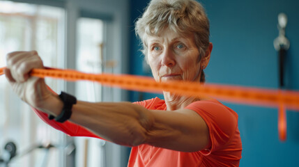 Wall Mural - An elderly woman stretches a resistance band, focusing intently on her fitness routine in a well-lit gym environment.