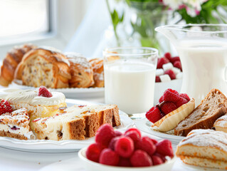 Poster - A table with a variety of desserts and a pitcher of milk