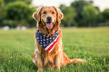 Wall Mural - A brown dog wearing an American flag bandana is sitting in a grassy field