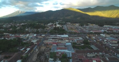 Sticker - Antigua City in Guatemala. Beautiful Old Town and Downtown. Drone Point of View. Sightseeing