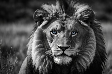 Canvas Print - Close-up black and white portrait of majestic lion with striking blue eyes