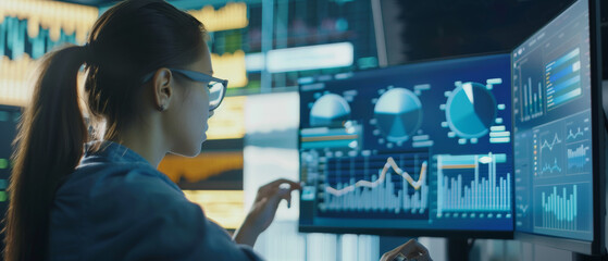 Wall Mural - A woman in glasses focuses on analyzing data displayed on multiple monitors in a modern, high-tech workspace.