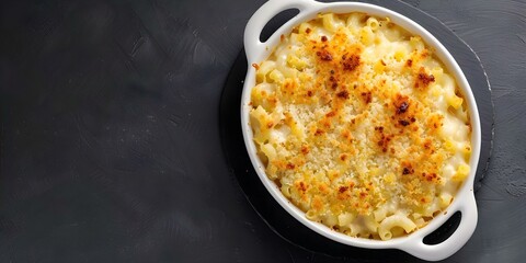 Wall Mural - Overhead shot of classic mac and cheese with breadcrumbs on dark table. Concept Food Photography, Classic Mac and Cheese, Overhead Shot, Dark Table, Breadcrumbs