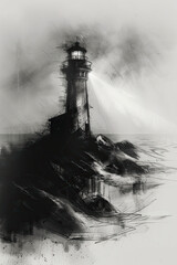Poster - A black and white sketch of a lighthouse casting its beam across a stormy sea