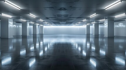 Poster - Empty futuristic garage with smooth, polished floors and lighting
