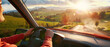 © Ai Studio - A driver navigates a rural road bordered by lush green fields, under a sky painted with a breathtaking sunset, offering a serene and scenic driving experience.